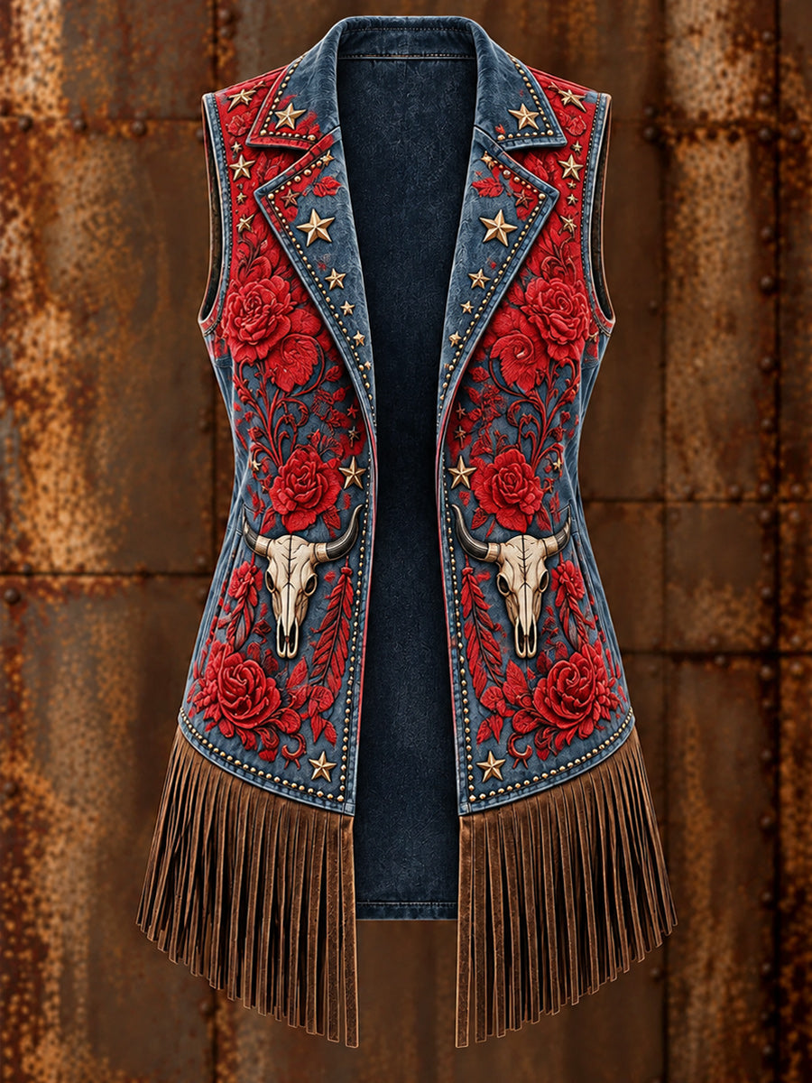 Women's Western Art Print Sleeveless Fringe Jacket